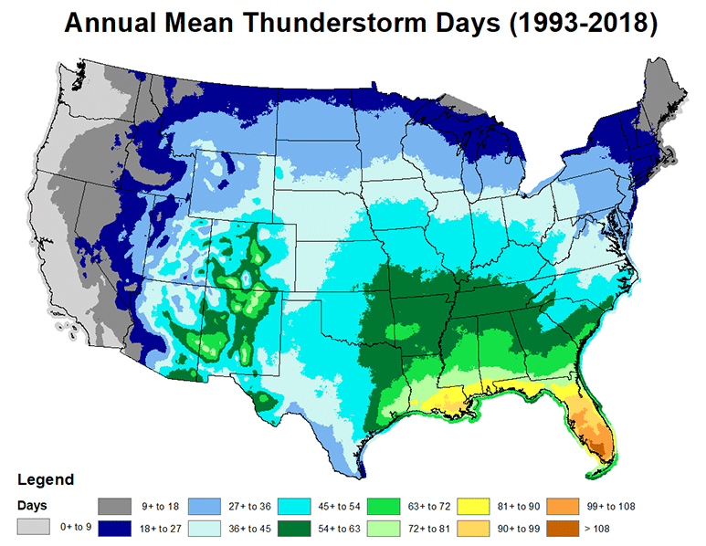 Annual Mean Thunderstorm Days (1993-2018)