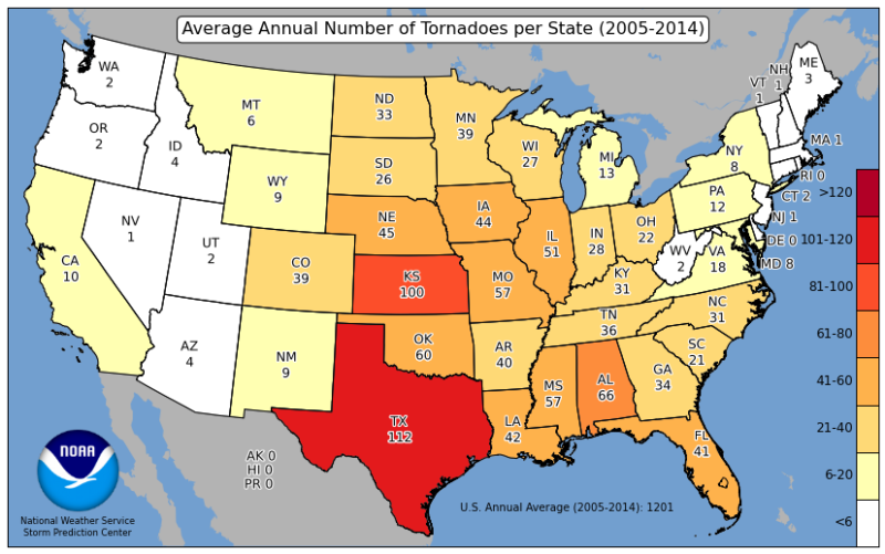 Average Annual Tornadoes Per State 2005-2014