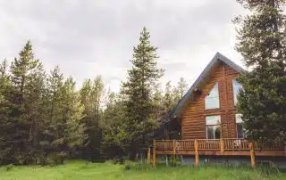 wooden beam log cabin surrounded by pine trees to represent the insurance risks of log cabins